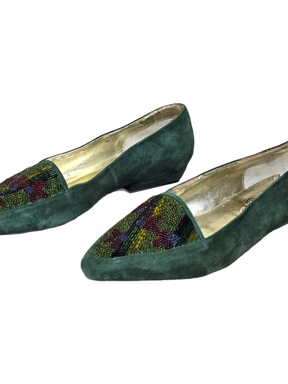 Cervelle Vintage Beaded Suede Flats Size 7B Green Leather Pointed Loafer Shoes